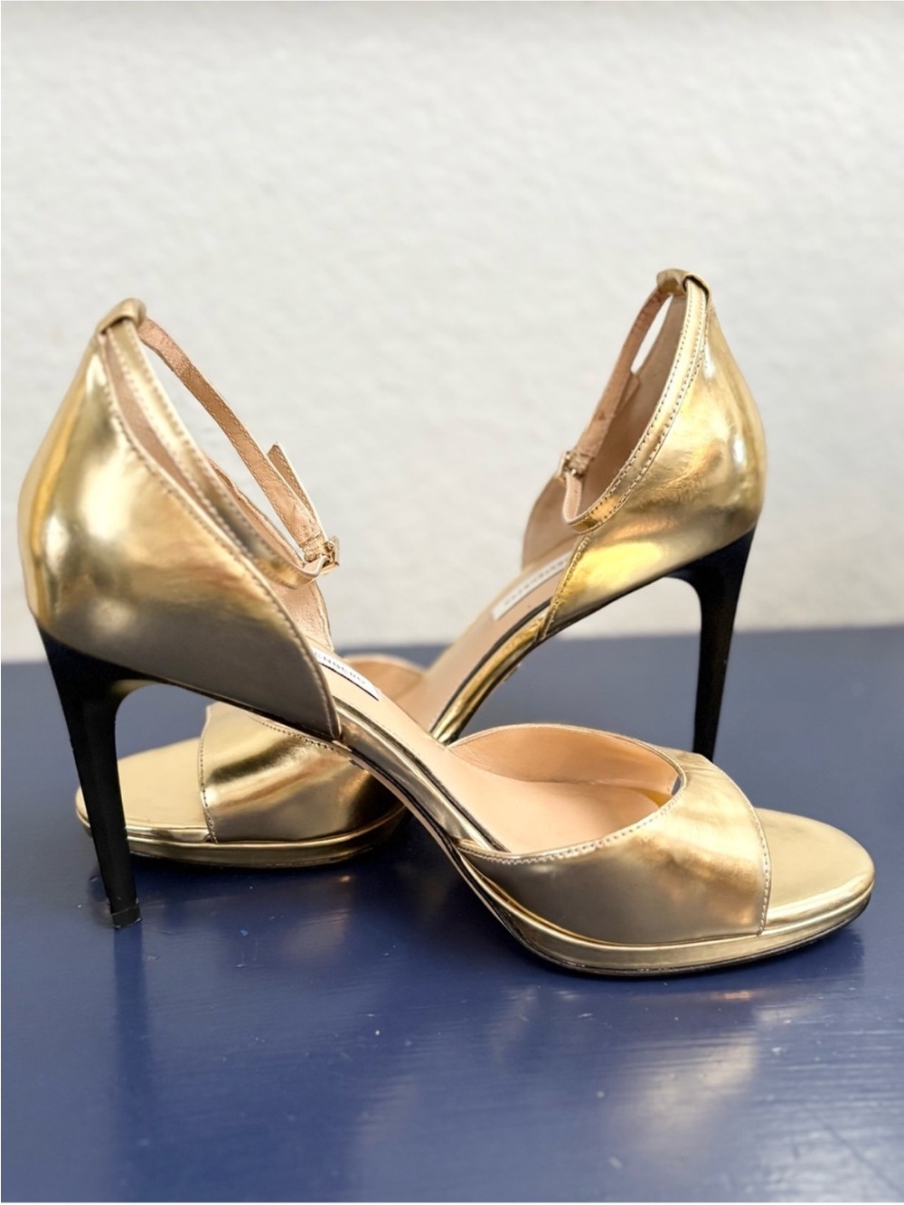 Diane Von Furstenberg Metallic Gold Open-Toe Ankle-Strap Heels Sz 8